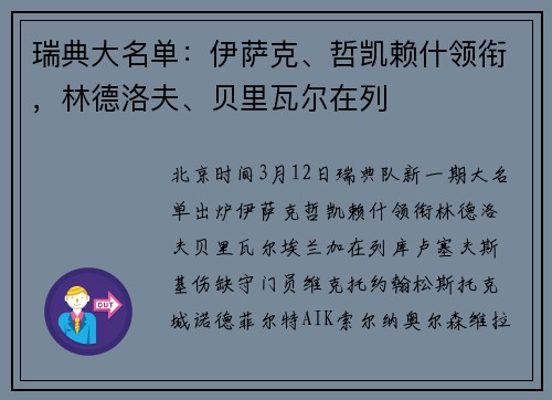 瑞典大名单：伊萨克、哲凯赖什领衔，林德洛夫、贝里瓦尔在列
