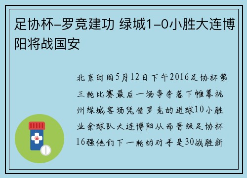 足协杯-罗竞建功 绿城1-0小胜大连博阳将战国安