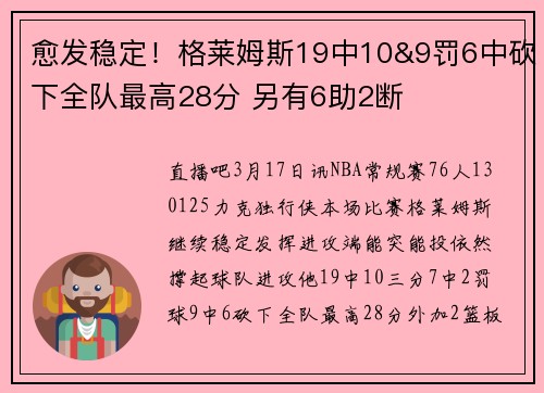 愈发稳定！格莱姆斯19中10&9罚6中砍下全队最高28分 另有6助2断